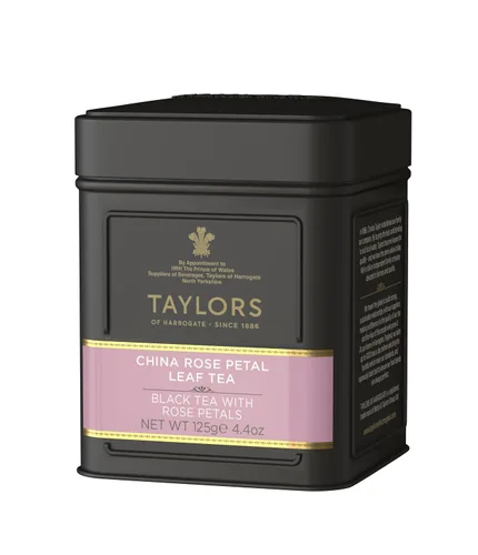 Vista 2 de Taylors of Harrogate Pétalo de rosa de China, té negro, hoja suelta, lata de 4.41 onzas, fragante, delicado y floral, con cafeína, té de hoja entera