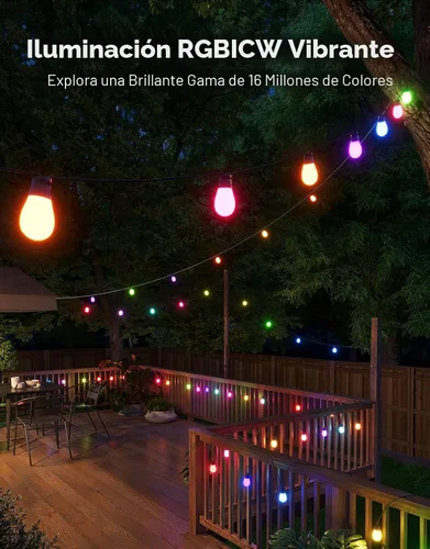 Vista 2 de Govee Guirnalda de luces S14 para exteriores, luces inteligentes RGBIC de 48 pies de color blanco cálido con 15 bombillas LED, 111 modos de escena