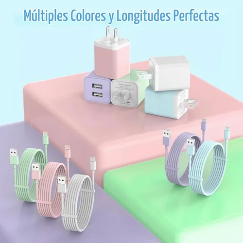 Vista 4 de iGENJUN Paquete de 5 cargadores de iPhone, adaptador de bloque de cargador de pared USB de doble puerto con cable Lightning largo de 6 pies, cables