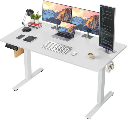 Vista 10 de Escritorio eléctrico de pie de 48 x 24 pulgadas, altura de memoria, ergonómico, de pie a pie, mesa de computadora con 2 ganchos y agujero para Marrón