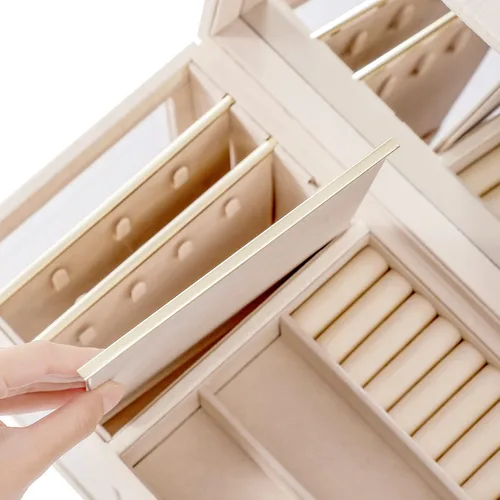 Vista 7 de GUKA Joyero organizador con espejo, caja de joyería de 5 capas con 4 cajones para collares, pulseras, reloj, anillos y aretes, almacenamiento grande
