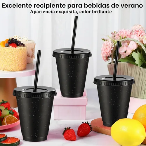 Vista 4 de Rtteri 15 vasos reutilizables con popotes y tapas, vasos de plástico con purpurina de 16 onzas, vasos de plástico para recuerdos de fiesta con Negro