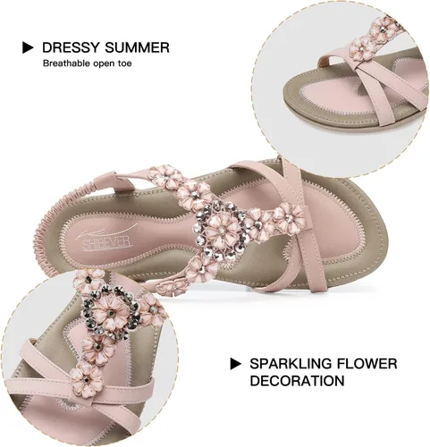 Vista 3 de SHIBEVER - Sandalias planas para mujer, lindas y cómodas, con correa de tobillo, estilo bohemio, elegante, zapatos planos de verano