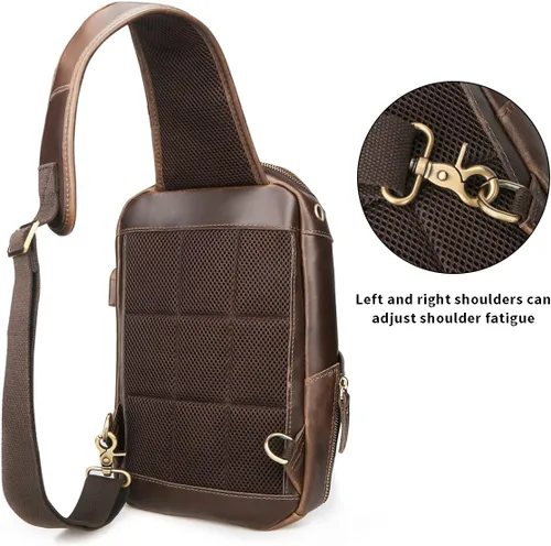 Vista 6 de Mochila retro de cuero de vaca real para hombre, mochila para iPad de 11 pulgadas, Marrón, Cabestrillo