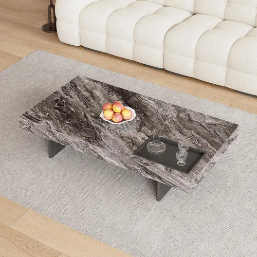 Vista 6 de Mesa auxiliar rectangular de mármol de 51.18 pulgadas, parte superior de piedra sinterizada gris moderna con base de metal negro, mesa central