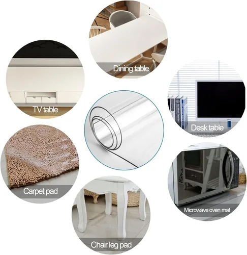 Vista 4 de Cubierta de mesa de plástico PVC, protector de mesa transparente de 0.079 in de grosor, protector de mesa impermeable para comedor, hoja de plástico