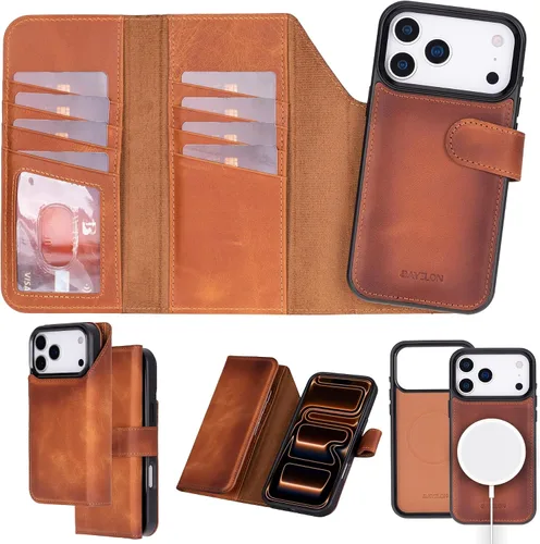 Vista 21 de Bayelon Estuche tipo billetera para iPhone 15 Pro, cartera de cuero desplegable de tres pliegues, cubierta tipo folio magnética desmontable, soporte