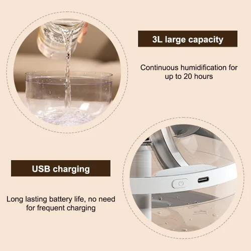 Vista 2 de Humidificador, humidificador de escritorio silencioso de niebla fría USB de 3 litros con luz nocturna y boquilla doble giratoria de 360° de 20 horas