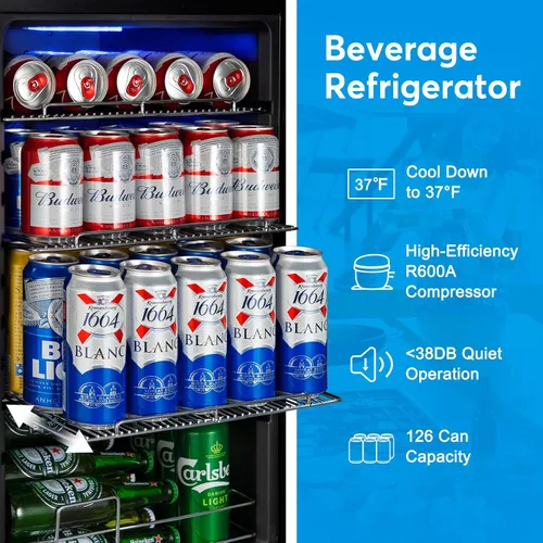 Vista 6 de Refrigerador de bebidas de 17 pulgadas de ancho – Enfriador de bebidas para 126 latas con puerta de vidrio Mini refrigerador de cerveza