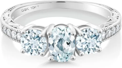 Vista 32 de Gem Stone King Anillo de compromiso de 3 piedras preciosas de oro blanco de 10 quilates con piedra natal y diamantes cultivados en laboratorio