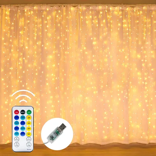 Vista 5 de Dazzle Bright - Cadena de luces para cortina, 300 LED, 3m x 3m, luces de hadas color blanco cálido con 8 modos de iluminación, luces impermeables