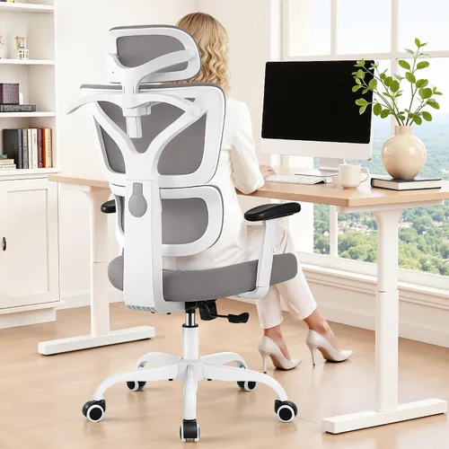 Vista 12 de Silla de Oficina Ergonómica de Respaldo Alto Silla de Escritorio con Soporte Lumbar, Silla de Computadora de Malla Transpirable con Reposabrazos