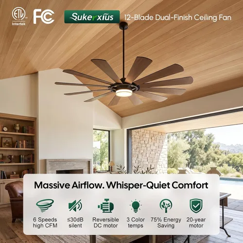 Vista 2 de 62 Inch Farmhouse Ceiling Fan with Light and Remote, 12 Blade Dual-Finish