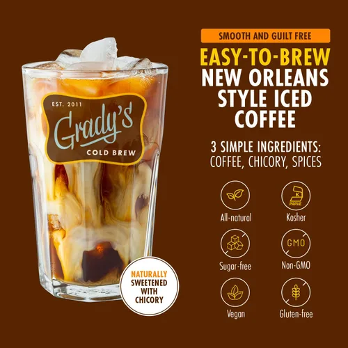 Vista 5 de GRADY'S COLD BREW, New Orleans Style, 100% arábica café tostado oscuro medio y achicoria, molido para café caliente y cerveza fría, bolsa de una