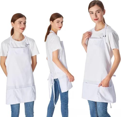 Vista 3 de Jubatus Paquete de 2 delantales ajustables con 3 bolsillos, delantales de cocina para chef, para mujeres y hombres, color blanco