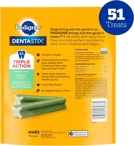 Vista 35 de Pedigree Dentastix Golosinas dentales para perros pequeños de doble sabor, tocino y pollo, bolsa de 5.08 onzas (24 golosinas)