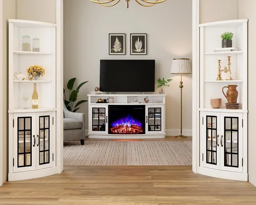 Vista 7 de AMERLIFE - Soporte de TV curvado con chimenea de 59 pulgadas con almacenamiento para televisores de hasta 65 pulgadas Blanco gastado