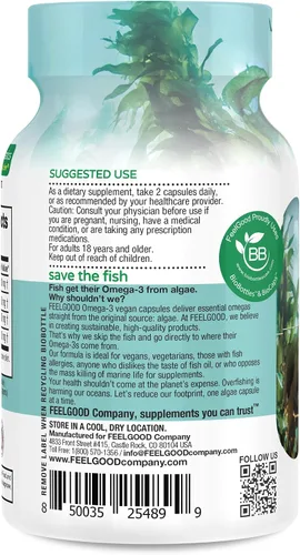 Vista 3 de Feelgood Company Suplemento vegano de omega-3, a base de algas, sin pescado, 60 cápsulas, sin gluten, sin soja, fácil de digerir
