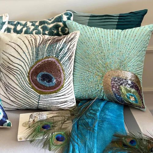 Vista 69 de The HomeCentric Funda de almohada con cremallera, funda de cojín azul de 12 x 12 pulgadas, funda de cojín de algodón bordado para sofá, diseño