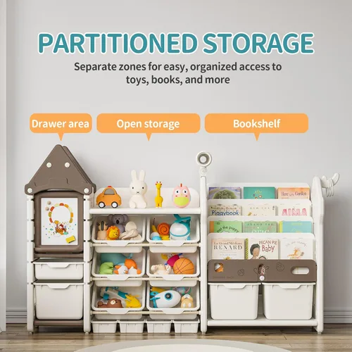 Vista 5 de UNICOO Organizador de almacenamiento de juguetes para niños con estantería, organizador de sala de juegos de 14 cubos y estantería, estante de Marrón