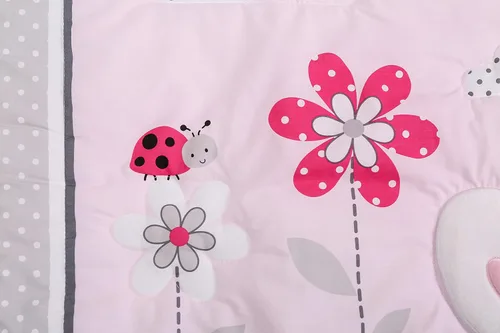Vista 4 de Juego de ropa de cama de 3 piezas con bordado floral rosa con temática de conejo, ropa de cama para bebé, niña, color rosa rubor, sábana bajera +