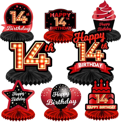 Vista 37 de Feliz 45 cumpleaños rojo y negro centros de mesa de panal de abeja decoraciones de globos decoración de mesa centros de mesa para niñas mujeres
