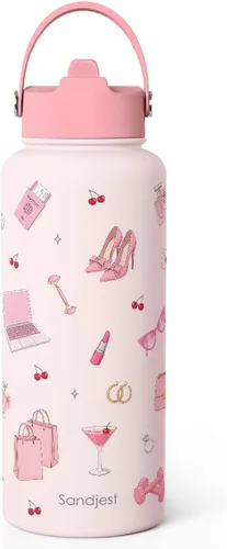 Vista 21 de Regalo de repostería para mujeres, botella de agua de acero inoxidable de 32 oz con tapa y popote, botellas aisladas estéticas de dulces, regalos