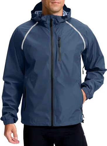 Vista 14 de Bikewa - Chaqueta de lluvia para hombre, impermeable, para ciclismo, con capucha, ligera, plegable, cortavientos para bicicleta, chaqueta de running