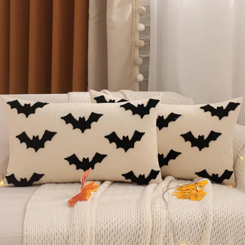 Vista 10 de Juego de 2 fundas de almohada de Halloween de 16 x 16 pulgadas con bordado de murciélagos 3D negros, fundas de almohada de Acción de Gracias, fundas