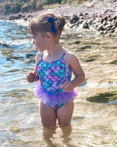 Vista 3 de swimsobo Traje de baño para niñas, de una pieza, estampado 3D con volantes de tul 3-10T