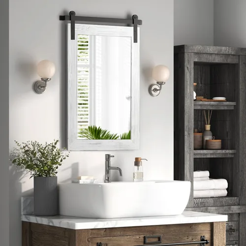 Vista 70 de COGOOD Espejo de puerta de granero de granja, 25 x 18 pulgadas, espejo decrativo con marco de madera rústica para baño, sala de estar, decoración