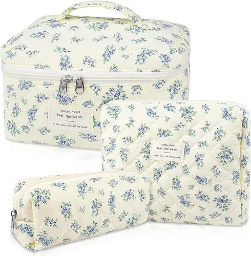 Vista 28 de Juego de bolsas de maquillaje, bolsa de maquillaje acolchada, bolsa grande para cosméticos florales para mujer, bonitas bolsas de maquillaje