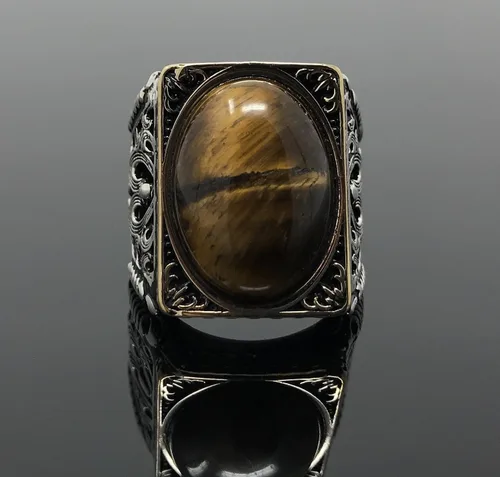 Vista 3 de KAR Anillo grande de plata de ley 925K con sello de ojo de tigre I1P