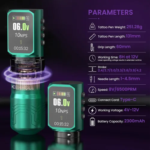 Vista 2 de Wormhole 2PCS 2,300mAh Baterías 8PCS 30ML tatuaje tinta tatuaje pistola kit Dos Verdes