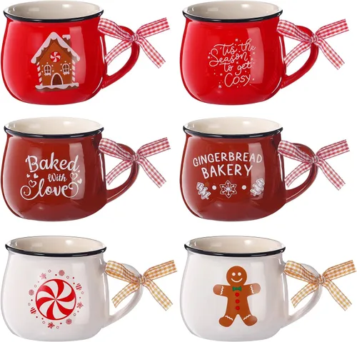 Vista 3 de Sawysine Juego de 6 tazas de café de Navidad, tazas de cerámica de 12 onzas, regalo de chocolate caliente para familiares, mamá, mujer, amiga, casa