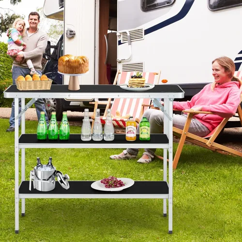 Vista 2 de HAPPYGRILL Mesa de campamento plegable con almacenamiento, mesa de picnic de aluminio con estantes de 2 niveles, mesa grande, bolsa de transporte
