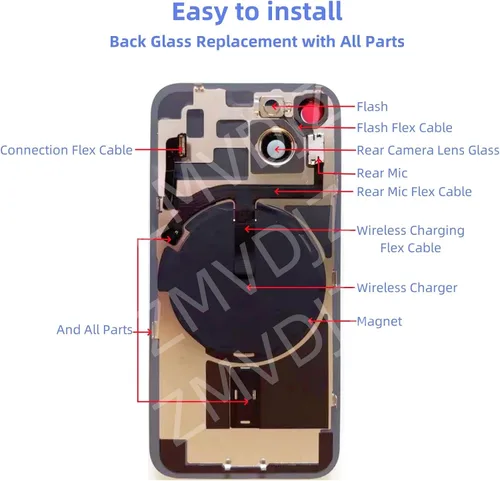 Vista 2 de Reemplazo de vidrio trasero de 14 pulgadas con placa y cable flexible y todas las piezas para iPhone 14 (azul, 6.1 pulgadas) + cinta impermeable +