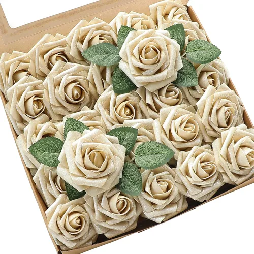 Vista 54 de Floroom Flores artificiales, 25 piezas de rosas falsas de espuma dorada antigua de aspecto real con tallos para ramos de boda DIY, centros de mesa