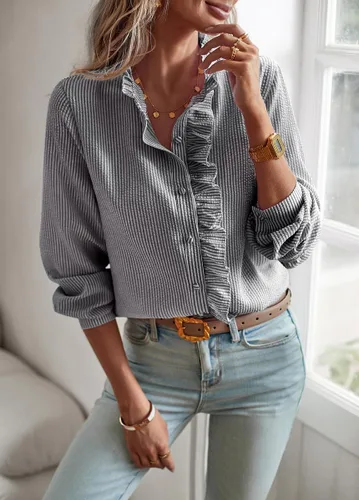 Vista 6 de chouyatou Blusa de manga larga para mujer, casual, holgada, con botones, con volantes