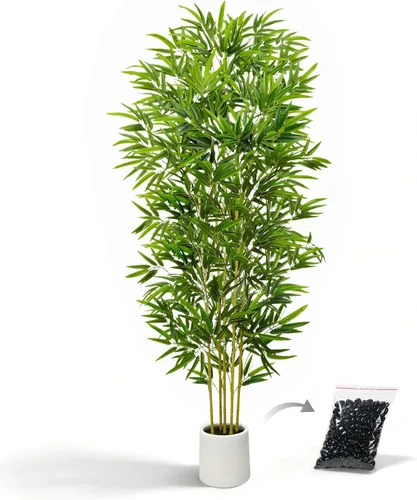 Vista 10 de Árbol artificial de bambú de 5 pies con maceta negra, plantas de bambú para exteriores e interiores, hojas falsas de aspecto natural, tallos