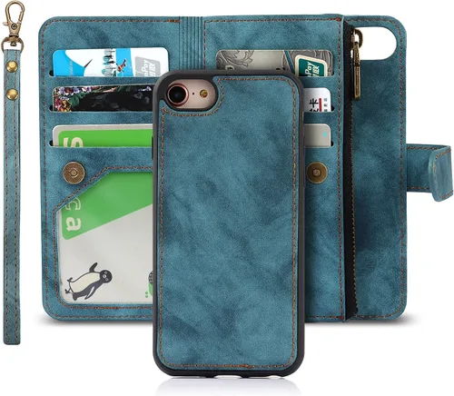 Vista 10 de iCoverCase Funda para iPhone SE (2022)/SE (2020)/7/8/6/6S con tarjetero y soporte para tarjetas, funda magnética desmontable de piel sintética
