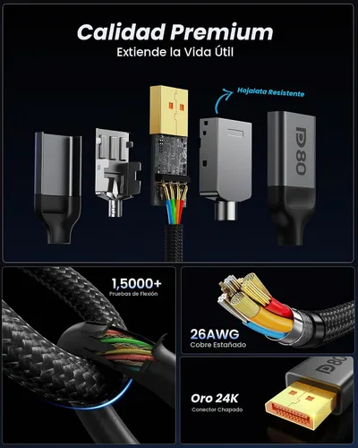 Vista 6 de Silkland Cable DisplayPort 2.1 corto de 80 Gbps de 1.6 pies [certificado VESA], [8K@240Hz, 4K@540Hz 360Hz 240Hz] Cable DP 2.1 16K, Cable DisplayPort