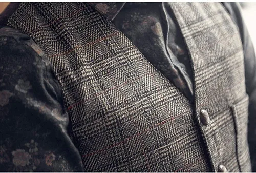 Vista 4 de Chaleco de traje vintage para hombre, de tweed a cuadros, ajuste regular, para padrinos de boda, Negro
