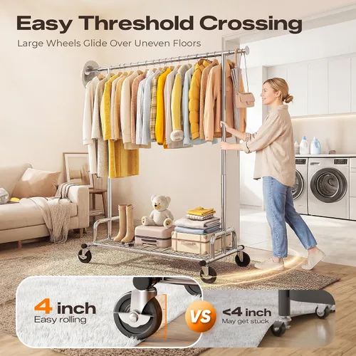 Vista 4 de HOKEEPER Perchero de ropa resistente con carga de 525 libras, perchero ajustable de 75 pulgadas de ancho, perchero para colgar ropa con ruedas