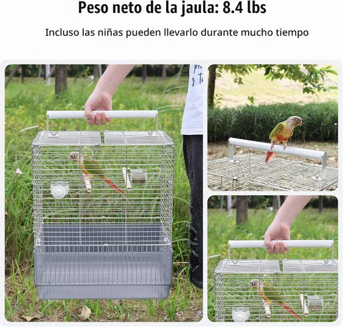 Vista 4 de Jaula para pájaros de viaje de acero inoxidable, 304 portátil, plegable, para loros, conures, cacatúas, periquitos, jaula grande de 17 pulgadas