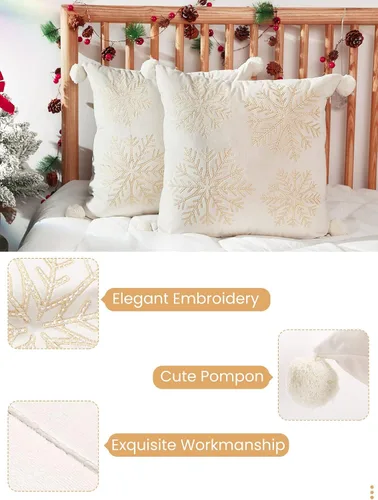 Vista 3 de Lewondr - Fundas de almohada navideñas con copo de nieve de 20 x 20 pulgadas, color blanco y amarillo Velvet Texture, Exquisite Embroidery