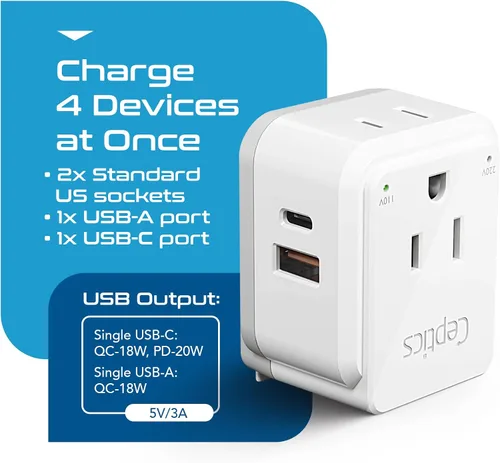 Vista 4 de Ceptics Adaptador de Enchufe de Corriente Internacional Juego de Viaje, 20W PD y QC, USB Dual Seguro y USB-C 3.1A - 2 Tomas de EE.UU. - Compacto