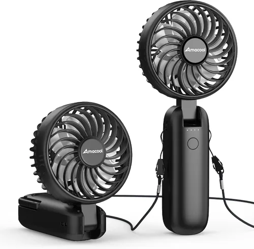 Vista 14 de AMACOOL Ventilador de mano plegable recargable, cable tipo C integrado, ventilador personal de 5 velocidades, tiempo de funcionamiento máximo de 17