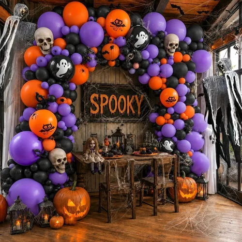 Vista 6 de Kit de arco de globos de color morado y naranja, guirnalda de globos de doble relleno, color morado y naranja quemado, negro, para Halloween