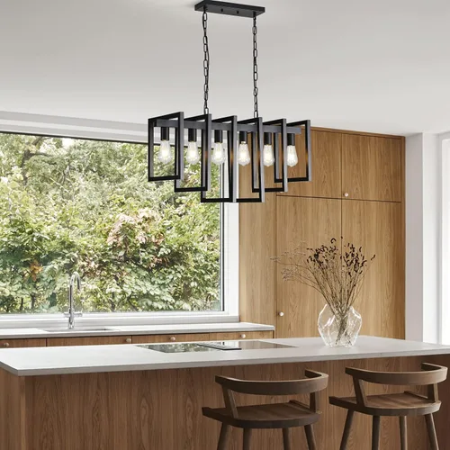 Vista 9 de Lámpara de comedor de 6 luces, candelabros negros para comedor, moderna lámpara de granja, accesorios de iluminación colgantes rectangulares
